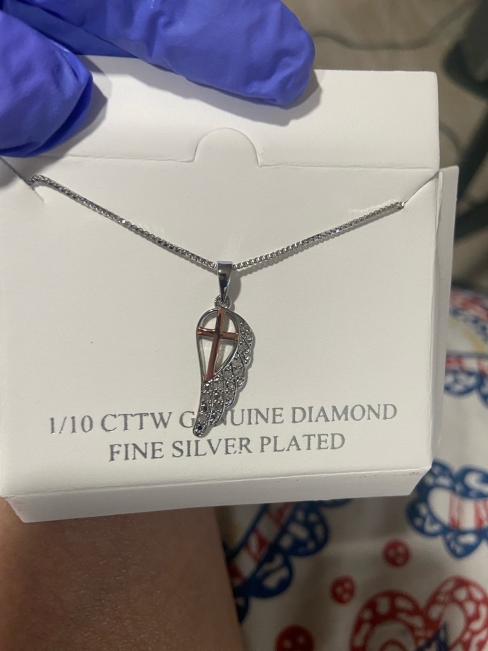 Silver-Plated Angel Wing Pendant Necklace with Cross and Diamonds - Rose Accent